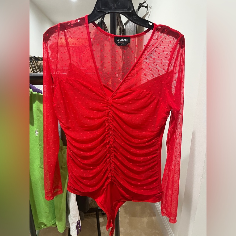 Bebe Vibrant Red Ruched Bodysuit